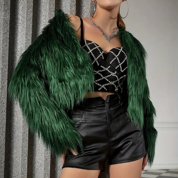Jackets & Blazers - Green Fuzzy Faux Fur Open Front Crop Jacket